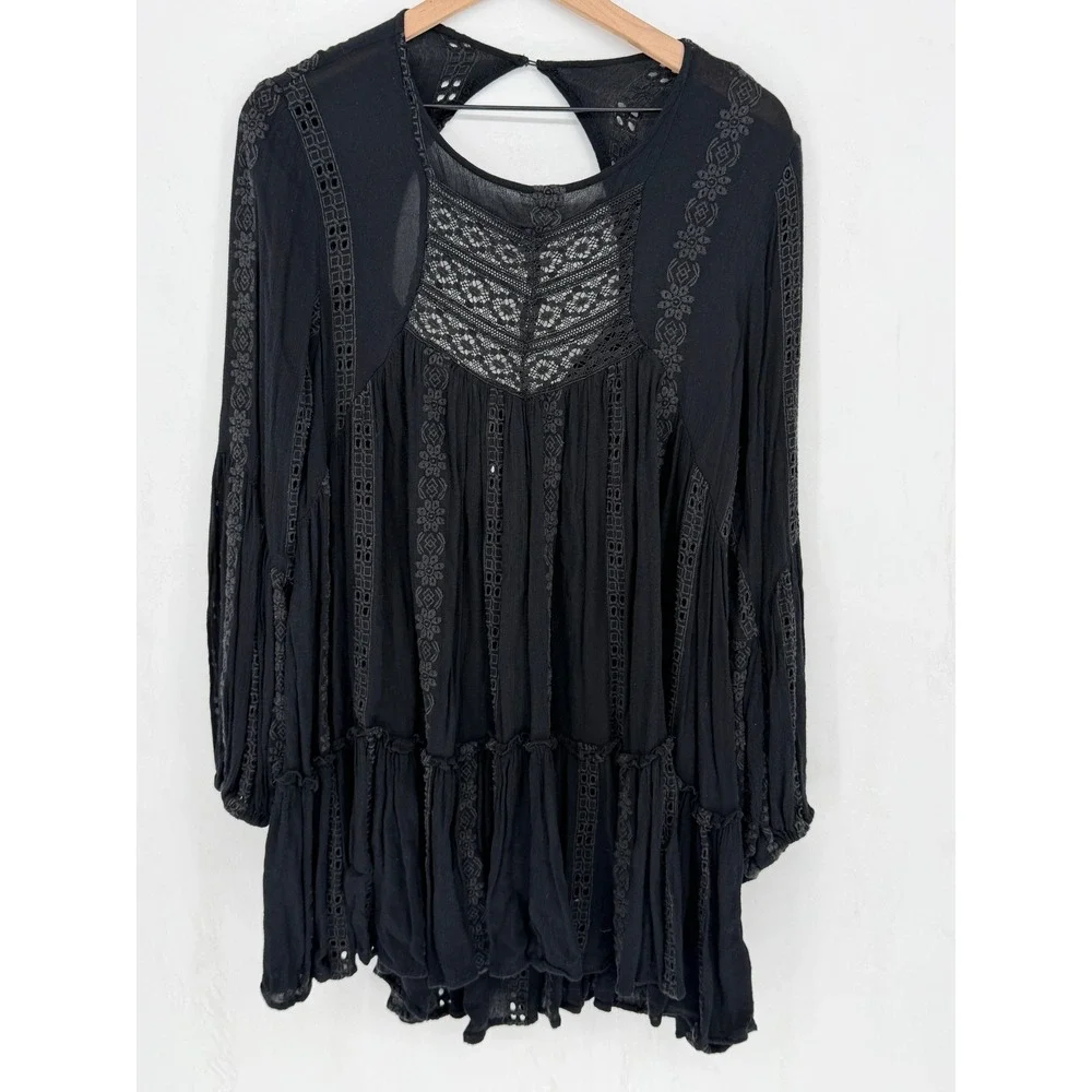 Free People Kiss Kiss Tunic Large Black Lace Boho‎ Festival Witchy Whimsigoth